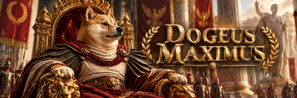Dogeus Maximus, a shiba emperor seated on a golden throne
